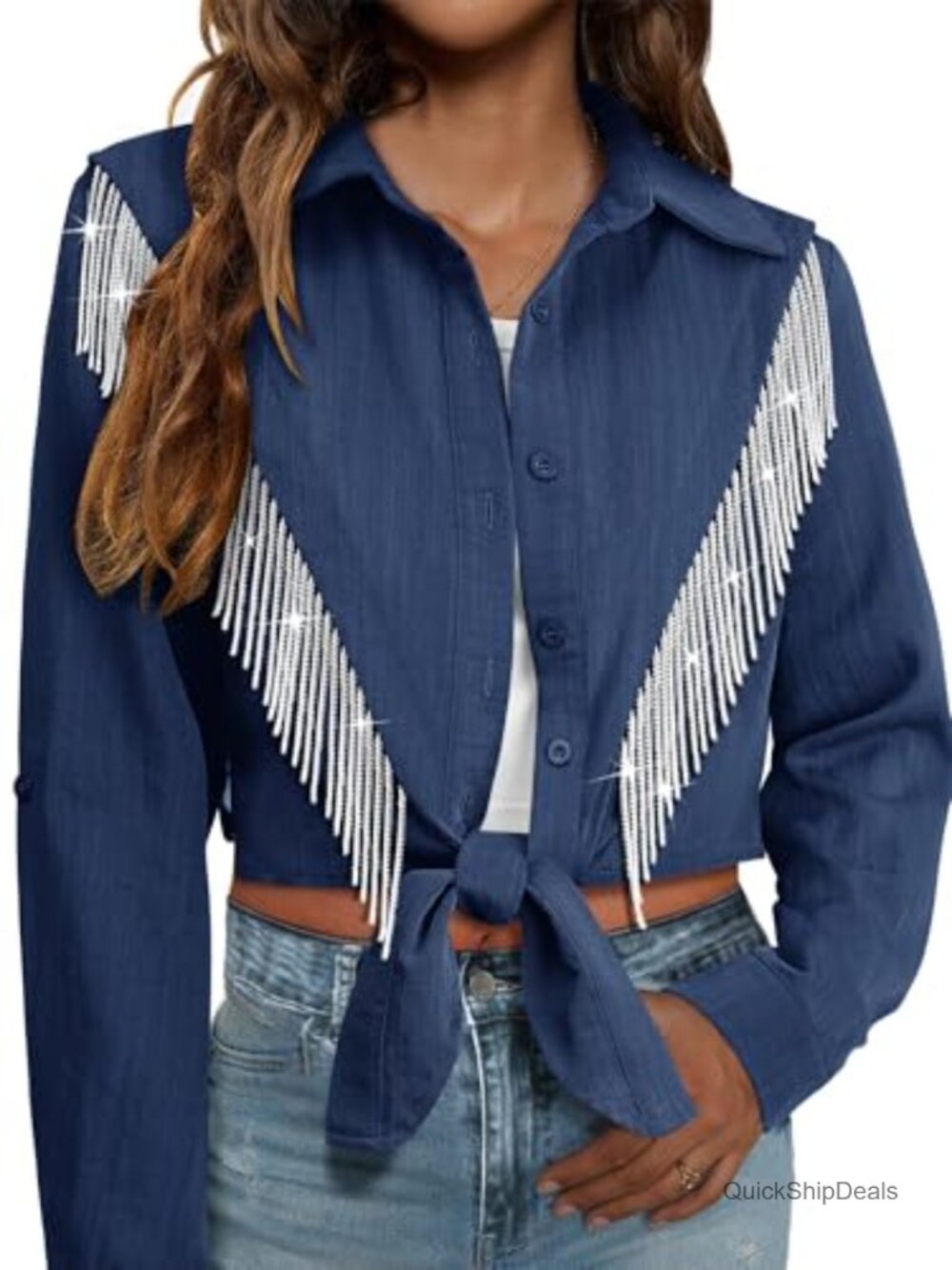 Rhinestone Fringe Western Cowgirl Button Down Shirt 3/4 Sleeve Concert Top